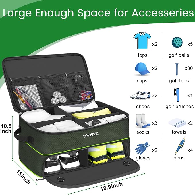 YOREPEK Golf Gifts for Men, 2 Layer Golf Trunk Organizer for 2 Pair Shoes | Waterproof Car Trunk Locker with Separate Ventilated Compartment for Balls, Tees, Clothes, Gloves, Birthday Gifts for Golfers - Image 4