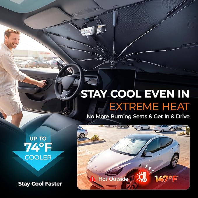 [2026 Upgraded] DooGooCoo Windshield Sun Shade Umbrella for Tesla Model Y, Model 3 [100% Sunlight Blocked, Cooling Ice Crystal] Sunshade for Car Windshield for Model Y & Model 3 Sunshade 2017-2026. - Image 3