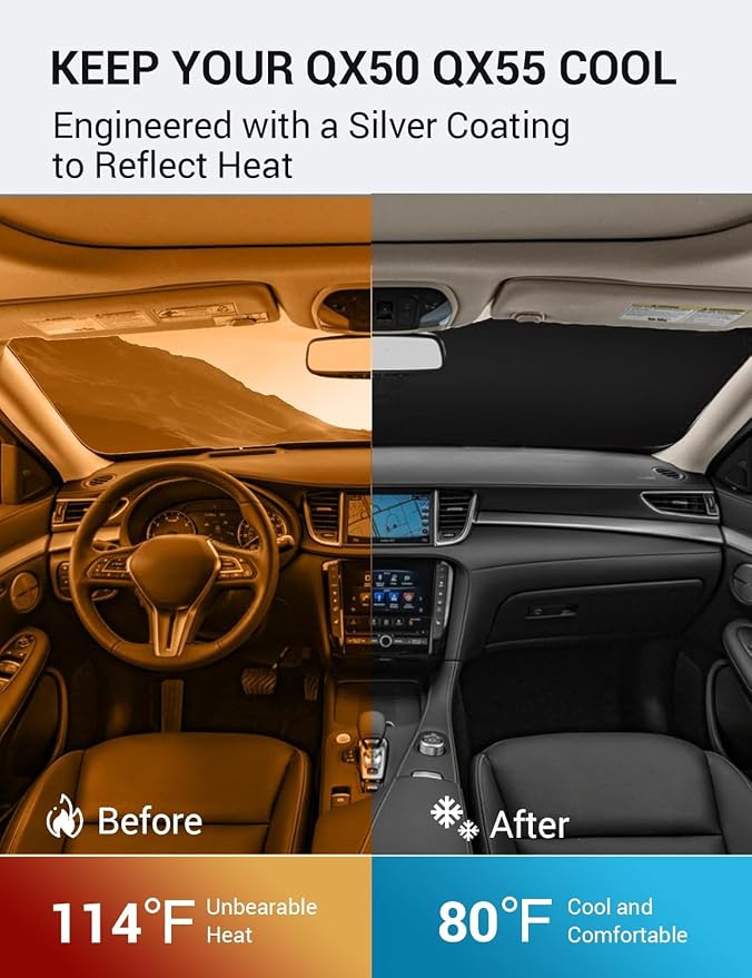 Proadsy Custom Fit 2019-2026 Infiniti QX50 QX55 Car Windshield Sun Shade | 240T Heat Shield, Drops Temp 54°F, Blocks 99% UV, Prevents Dashboard Cracking, Summer Parking & Beach Trips, Easy Twist-Fold - Image 3