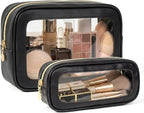 2Pcs Clear Makeup Bags Set, Clear Travel Makeup Brush Holder Leather Makeup Case Toiletry Bag with Zipper Portable Cosmetic Pouch Waterproof Makeup Brush Storage Bag Car Bag for Essentials by FFpaw