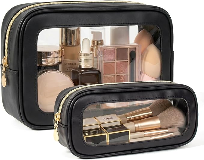 2Pcs Clear Makeup Bags Set, Clear Travel Makeup Brush Holder Leather Makeup Case Toiletry Bag with Zipper Portable Cosmetic Pouch Waterproof Makeup Brush Storage Bag Car Bag for Essentials by FFpaw