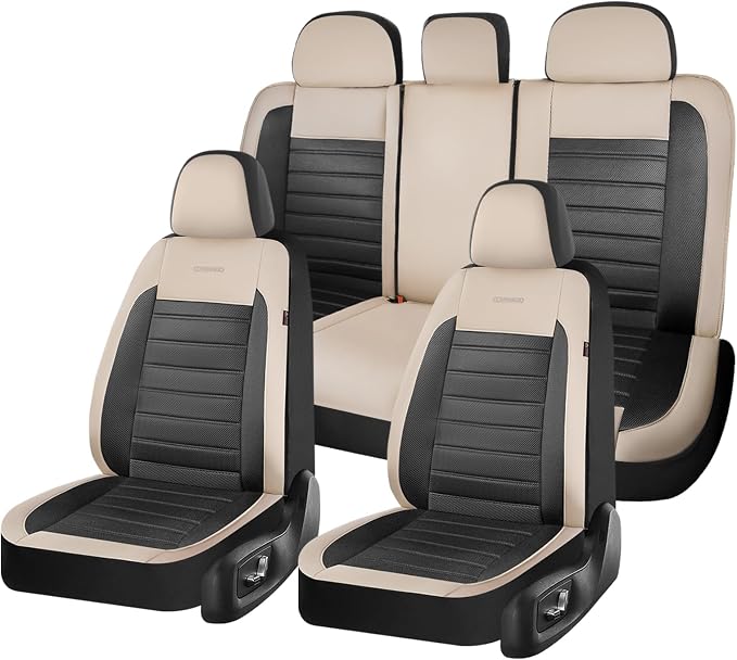 Coverado Car Seat Covers Full Set, Luxury Leather Car Seat Covers, Automotive Front and Rear Mesh Seat Covers, Full Set 5 Seats, Black Beige Seat Covers for SUV Sedan Truck by COVERADOAUTO