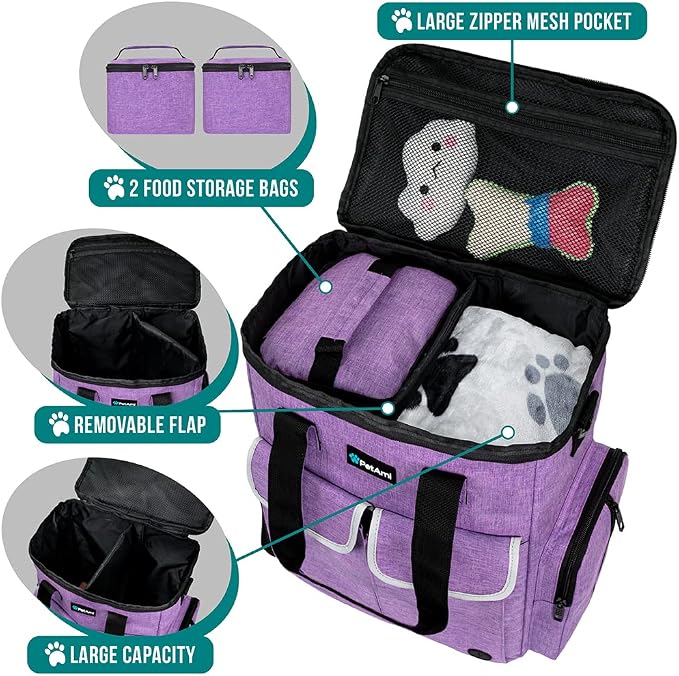 PetAmi Dog Travel Bag Pet Supplies Accessories Organizer for Traveling, Camping, Weekend; Cat Pet Travel Bag Kit Includes 2 Food Storage Containers, 2 Collapsible Bowls, 1 Feeding Mat (Purple) - Image 5