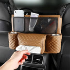 XINLIYA Car Handbag Holder Between Seats, PU Leather Multi-Pocket Large Capacity Purse Holder, Auto Net Bag Barrier of Backseat Pet Kids, Car Seat Organizers and Storage for Cargo Tissue Cup（Brown） - Image 6