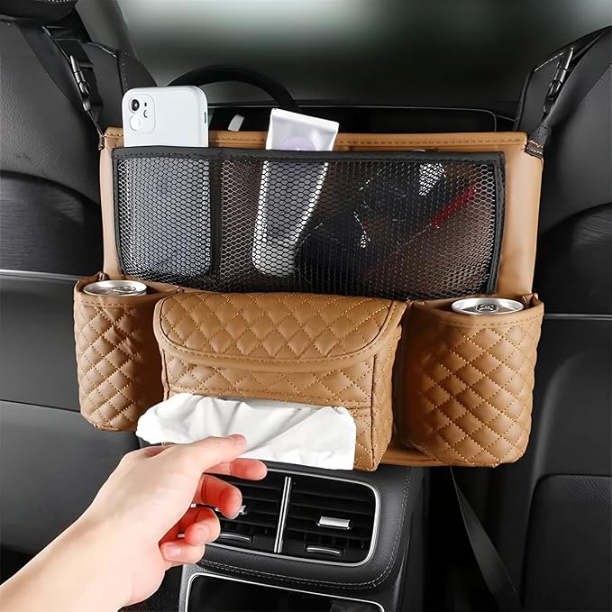 XINLIYA Car Handbag Holder Between Seats, PU Leather Multi-Pocket Large Capacity Purse Holder, Auto Net Bag Barrier of Backseat Pet Kids, Car Seat Organizers and Storage for Cargo Tissue Cup（Brown） - Image 6
