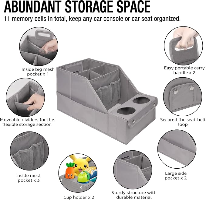 MULISOFT Car Backseat Organizer with 11 Pockets & 2 Cup Holders, Pure Gray | Made from durable Oxford fabric with a waterproof surface, anti-slip buckles, and a foldable design for easy storage. - Image 3