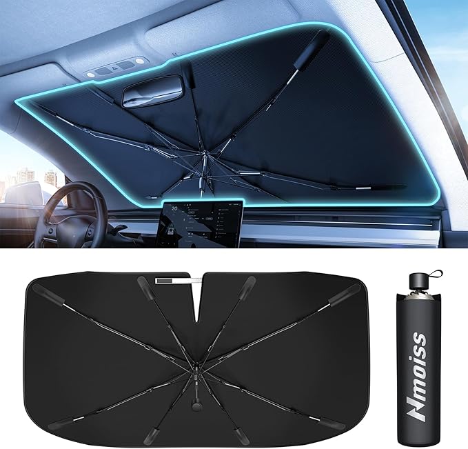 2026 Nmoiss Windshield Sun Shade Umbrella [Vinyl Coating Heat Shield] | Protect Car from Sun Rays & Heat Damage Keep Cool and Protect Interior, Spring Structure Edge Large 57" L x 36" W by Nmoiss