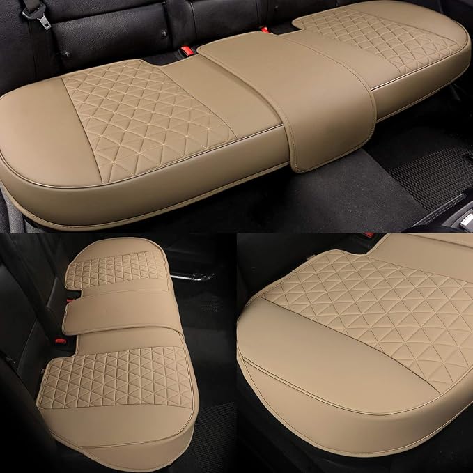 Black Panther Luxury PU Leather Rear Bench Car Seat Cover Adjustable Length (49-55'') Fits 90% Standard 5 Seats (Sedan SUV), for Seat Bottom Only, Triangle Quilting Design, Beige - Image 2