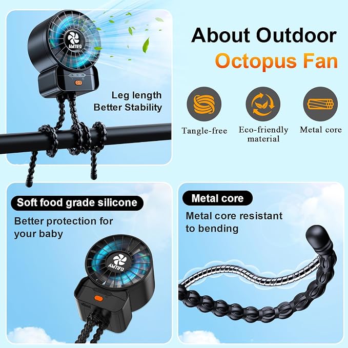 AMTIFO Portable Stroller Fan - 4-Speed Rechargeable USB Fan, Quiet Clip-on Baby Fans for Stroller Crib and Travel - Compact & Battery-Operated Cooling Fans for Baby Comfort on the Go - Image 5
