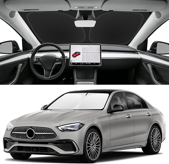 Windshield Sun Shade for Mercedes-Benz C-Class 2015-2026 | Blocks UV Rays and Sun Heat, Helps Reduce Interior Temperature, Protects Dashboard from Fading, Folds Easily for Storage by SLOGENTO