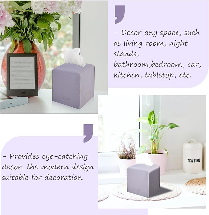 Tissue Box Cover 5X5X5'' PU Leather Tissue Holder Square Tissue Cube Box Organizer for Bathroom Vanity Countertop, Car, Night Stands, Office, Home, Kitchen (2Pack, Light Bray Purple) - Image 4