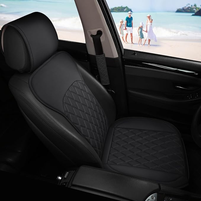 Front Car Seat Covers - Leather Seat Covers with Storage Pocket and Two Belt Pads, Anti-Slip Waterproof Universal Seat Covers for Cars Fit Cars Trucks SUV(Black,2 Pack) - Image 9