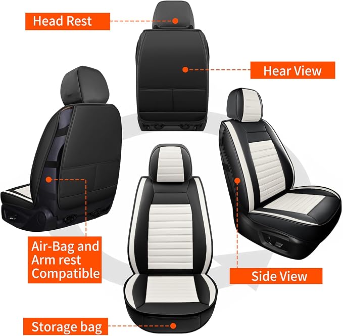 HChengkikz Car Seat Cover, Faux Leather, Waterproof (Black + White) | Breathable, Airbag Compatible, Easy Maintenance, Universal Fit for Most Sedans SUVs Pick-ups Trucks - Image 7