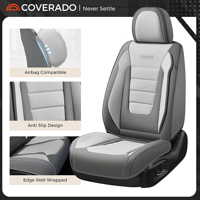 Coverado Car Seat Covers Full Set, Nappa Leather Seat Covers for Cars, Car Seat Protector Car Seat Cushion, Front and Back Seat Protectors Cushions Universal Fit for Most Cars (Gray&Light Gray) - Image 5