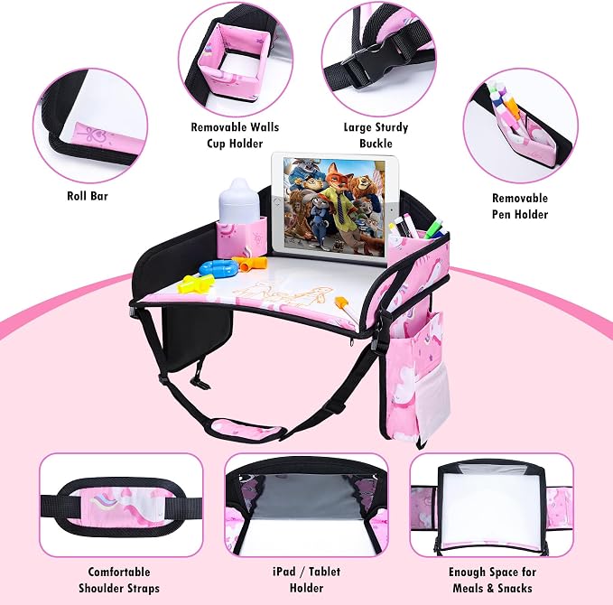 Kids Travel Tray for Toddler Car Seat, Road Trip Activities for Kid | Toddler Car Activities with iPad Holder Stand, Roadtrip Essentials with Dry Erase Board & Cooler Cup Holder, 2PC - Image 9