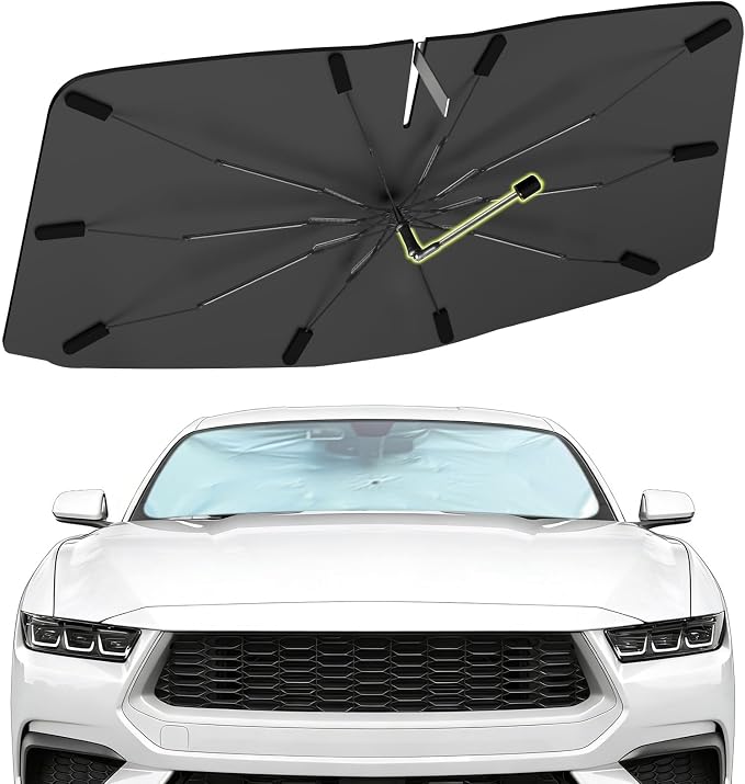 Windshield Sun Shade Umbrella for Ford Mustang 2024-2026, Foldable Front Window Sunshade with 360° Rotating Shaft, Custom Fit Car Shades for Mustang Accessories with UV & Heat Protection by Visufy