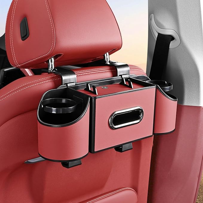 Back Seat Car Organizer,4 in 1 Multifunctional Car Back Seat Storage Box with Drink Cup Holder Tissue Box, for Hold Phone,Snacks, Drinks, Handbag-Red by Joezhe