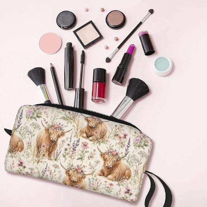 Highland Cow Wild Flowers Makeup Bag for Women | Small Travel Cosmetic Pouch with Zipper, Compact Makeup Organizer Bag for Purse, Toiletries, Skincare & Daily Essentials - Image 6