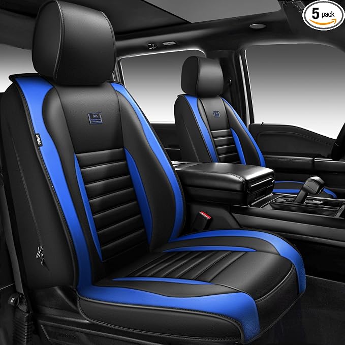 CAR PASS Nappa Leather Car Seat Covers Full Set, Luxury Seat Protector for Cars, Waterproof Anti-Slip Seat Cushion Armrest Compatible Airbag Universal for Sedan SUV Pick-up Truck Auto, Black Blue by CARPASS
