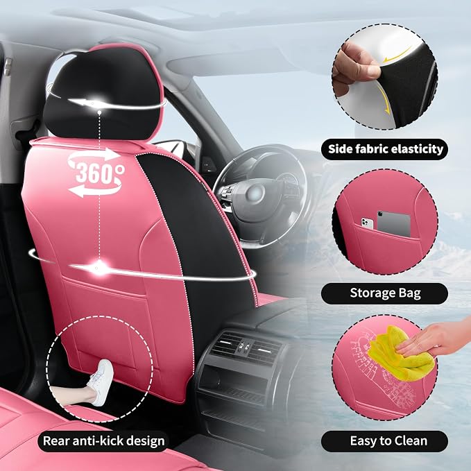 Fit bZ4X Premium Leather Car Seat Covers for Toyota bZ4X 2023-2025 2026 - Waterproof，Breathable，All-Weather Seat Cushion Protecto & Airbag Compatible, Full Set Pink&Black - Image 8