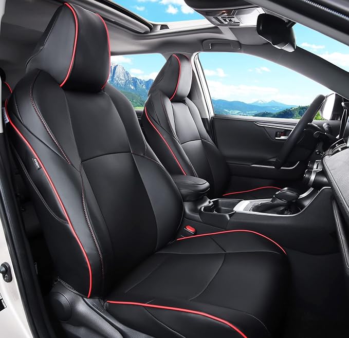 Custom Fit for RAV4 and VENZA Seat Covers Fit for Toyota RAV4 2019 2020 2021 2022 2023 2024 2025 Prime and XSE Hybrid with Waterproof Faux Leather (Black with Red Trim, LU02-Prime-XSE Hybrid) by Unknown
