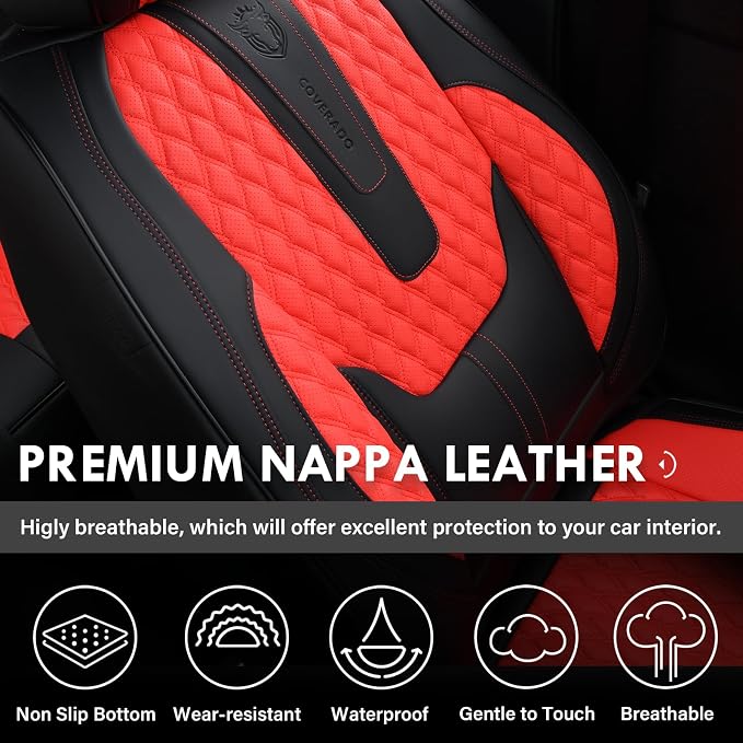 Coverado Car Seat Covers Front Seats, Luxury Faux Leather Seat Covers for Cars Waterproof Seat Covers with Lumbar Support, Car Seat Protector Universal Fit for Most Cars SUV Truck(Red&Black) - Image 4