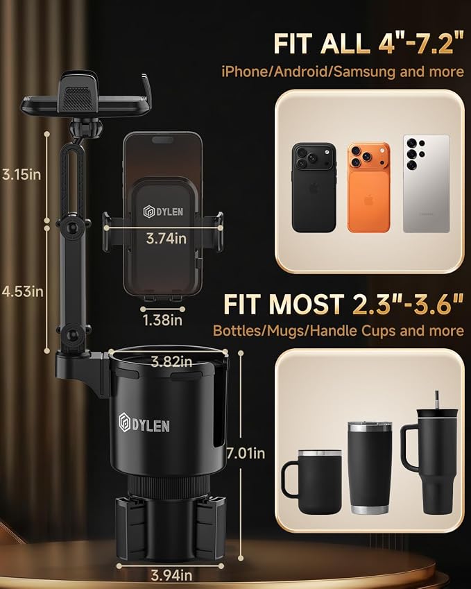 DYLEN Cup Holder Phone Holder for Car, 2 in 1 Cup Holder Phone Mount | Long-Arm Supports 360° Rotation, Adjustable Base, Car Phone Holder Compatible with All Cell Phones| Anti-Slip&No Shake Design - Image 5