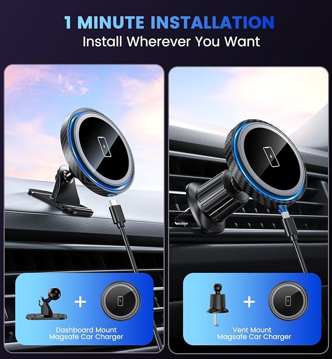 Magnetic Car Charger Mount 15W for iPhone 17-12 Pro Max | N52 Strong Magnets, 360° Rotation, Dashboard & Vent Mount, Compatible with Magnetic Cases, Gift for Men, Black - Image 2
