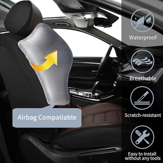 Front Car Seat Covers, 2Pcs Universal Leather Car Seat Covers, Full Coverage Waterproof Automotive Seat Covers, Breathable Car Seat Protector for Most Trucks SUVs Sedans, Black&Brown - Image 4