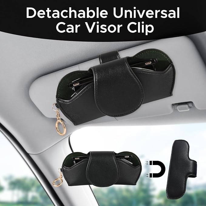 KINIVA Sunglasses Holder for Car Visor with Hanging Hook Portable Leather Glasses Storage Bag with Detachable Clips - Image 2
