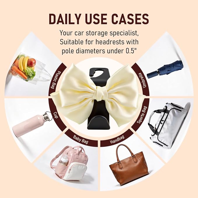 Car Seat Headrest Hook, Bow Car Purse Hooks, Auto Seat Hook Hangers Storage Organizer Interior Accessories for Purse Coats Umbrellas Grocery Bags Handbag, 2-Pack (White) - Image 4