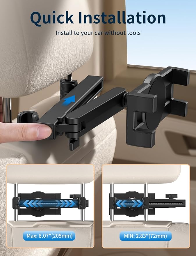Tablet Holder for Car Headrest, ipad Car Holder Back Seat, Road Essentials | 3 in 1 Adjustable Extension Arm, 360 rotation, ipad Holder for Car for Kids, fits 4.7-12.9" iPad Pro, Air, Mini, Galaxy, Fire - Image 3