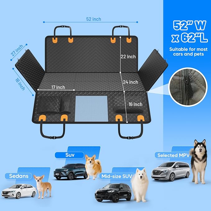 Dog Car Seat Cover for Back Seat, Hard Bottom Hammock Hold 400lbs For Cars | Waterproof,Anti-Scratch,Safety Non-Slip,600D Oxford,Mesh Window,Storage Pocket - Image 6