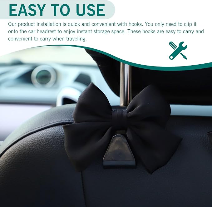 2PCS Car Seat Headrest Hooks, Car Purse Hook for Car, Cute Bow Car Rear Seat Storage Hooks, Interior Decorating Accessories for Purses, Bags, Umbrellas (Black) - Image 4