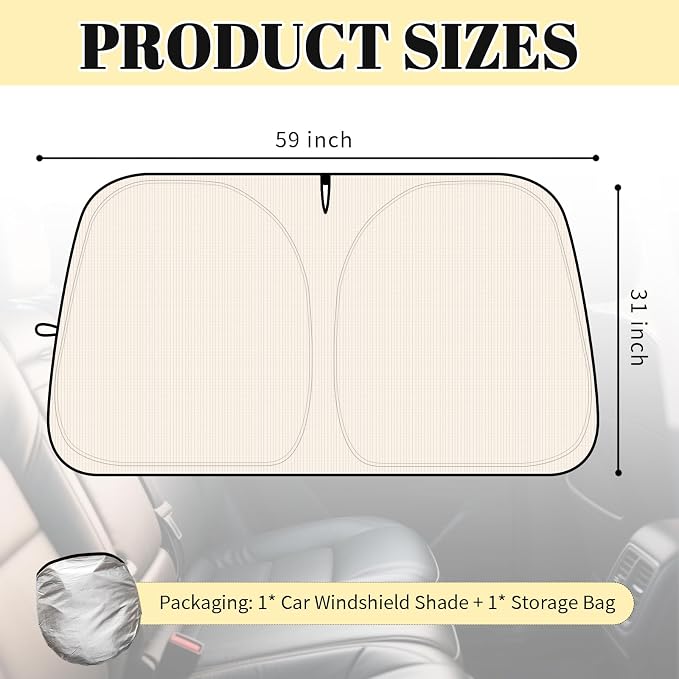 2026 New Thickened Car Windshield Sun Shade Foldable with Beige Checkered Design,Car Sun Shade Windshield with Storage Bag for Interior Cool,59"×31" Suns Shades for Cars Windshields - Image 2