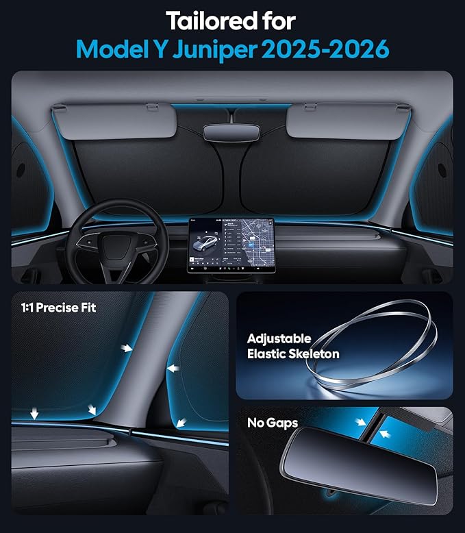 Wigoo 2026 8PC Full Set Window Sunshade for Tesla Model Y Juniper 2025-2026 | 7-Layer Cooler & Blacker, Ice-Crystal Tech, Full Set Shades With Windshield for Sun Block, Camping Accessories - Image 5