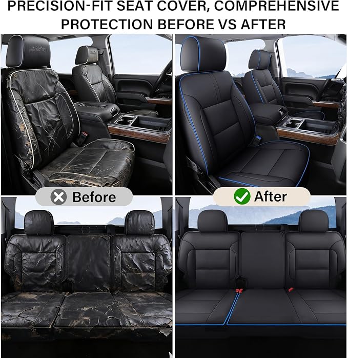 Coverado Silverado Seat Covers Full Set, Faux Leather Car Seat Covers Fit for Chevy Silverado GMC Sierra 2007-2013 & 2019-2026 1500, 2020-2026 2500HD 3500HD Crew Double Extended Cab(Blueline) - Image 7
