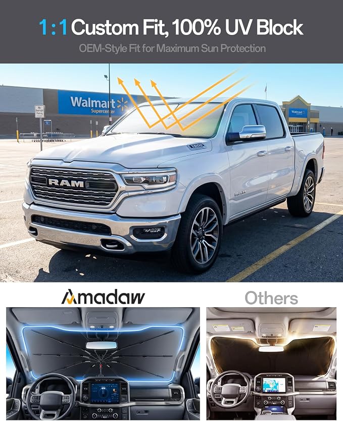Windshield Sun Shade for Ram 1500 2011–2026 | Foldable Umbrella Sunshade with 100% UV Block, Multi-Layer Heat Insulation, Keeps Car Cooler, Summer Car Accessory - Image 3
