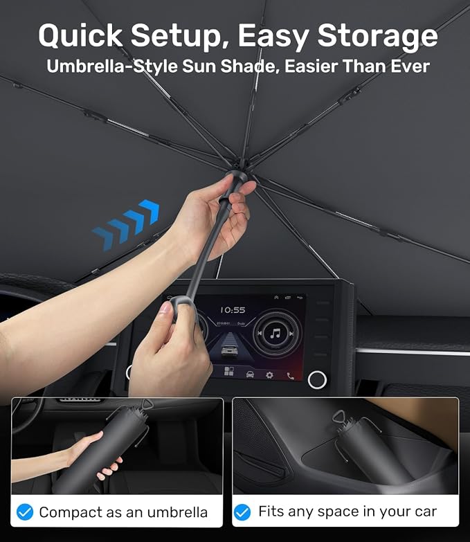 Zanch 2026 Upgraded Car Windshield Sun Shade [Cool Down by 75℉ ] with Heat Insulation Coating, Foldable Sunshade Umbrella with Flexible Handle & Ribs, Extra Small (51''x29'') for Compact Cars - Image 8