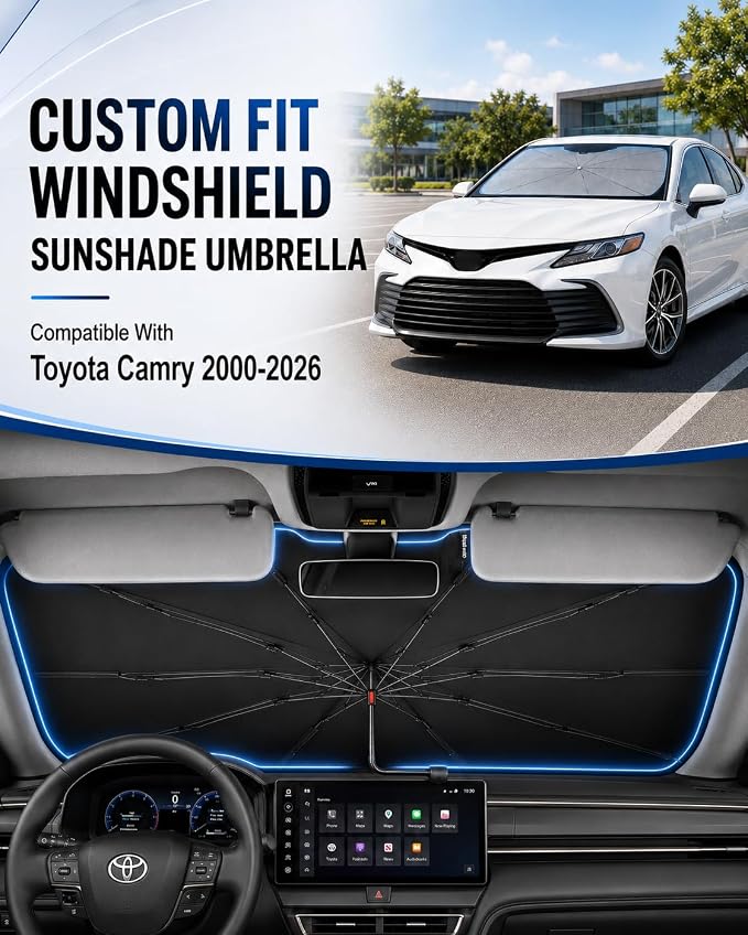 Zanch Windshield Sun Shade Umbrella: Custom Fit for Toyota-Camry 2000-2026 | [99% UV Protection, Up to 75℉ Cooler] Reflective Heat Shield, Sturdy Frame, No Scratches, Foldable Front Sunshade Umbrella - Image 4