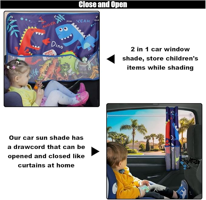GLSOWEE Car Window Shade for Baby, Blackout Car Window Curtain, Dinosaurs | Storage Pockets & 7 Suction Cups, Cartoon Pattern Car Side Window Sun Shade Cover for Sun/Heat/UV Rays Protection, Blue - Image 5