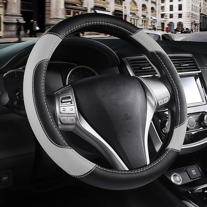 Leather Car Steering Wheel Cover, Universal Fit for Most Cars, Grey | Microfiber Leather,Non-Slip Breathable Auto Steering Wheel Protector by Szttswamp