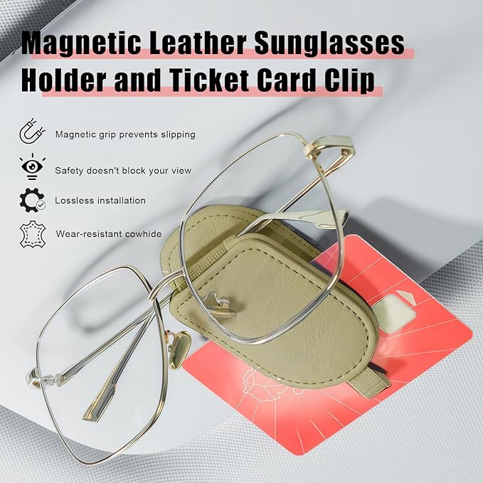Sunglass Holder for Car Visor, Magnetic Leather Eyeglass Holder, Universal Car Sunglass Organizer Visor Accessories for SUV Truck Pickup, 2 Pack (Beige) - Image 3