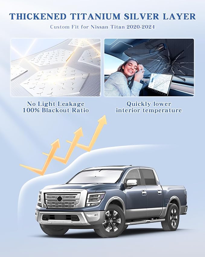 Portable for Nissan Titan 2020-2024 2025 Windshield Sunshade Umbrella with Carry Bag, 2 in1 Ice Crystal Durable Compact Shade Umbrella UPF50+ UV Front Window Heat Insulation Protection Outdoor Camping - Image 2