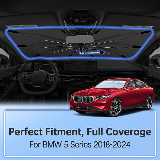 Windshield Sun Shade Umbrella for BMW 5 Series 2018-2024 Front Window | Foldable Car Sunshade, 360 Rotation Automotive Interior UV Protection for Outdoor Parking, Keep Car Cool - Image 2