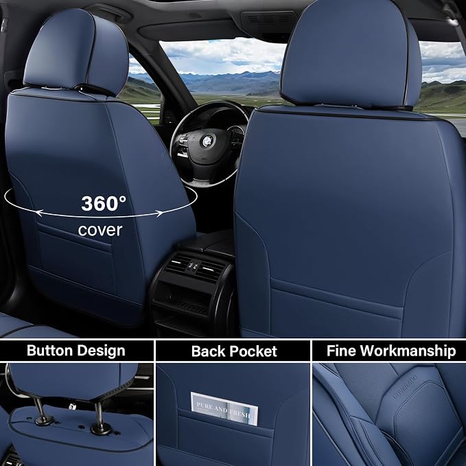 Coverado Car Seat Covers Full Set, Blue Car Seat Cover, Nappa Leather Seat Covers for Cars, Waterproof Car Seat Protector with Lumbar Support, Automotive Seat Covers Universal Fit for Most Cars (Blue) - Image 4