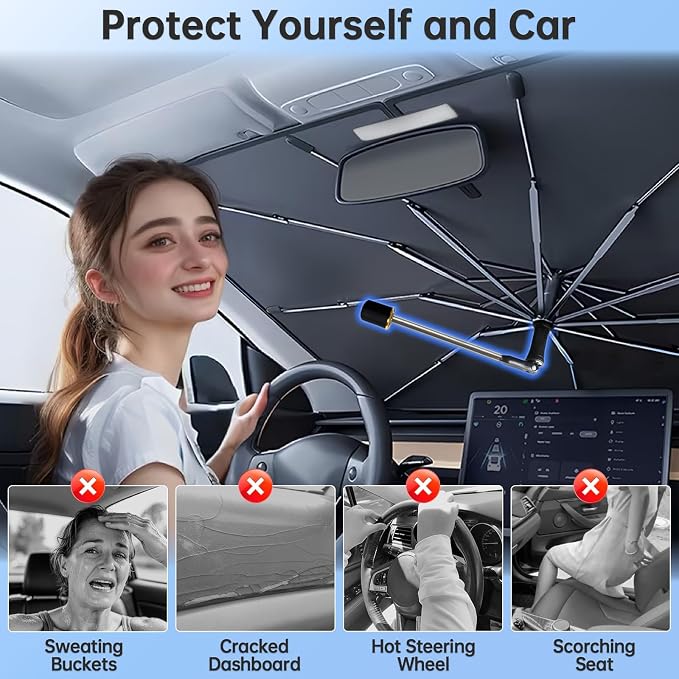 Windshield Sun Shade Umbrella for Tesla Model Y 2020-2025 Juniper 2026 | Foldable Car Sunshade, 360 Rotation Automotive UV Protection for Outdoor Parking, Keep Car Cool - Image 6