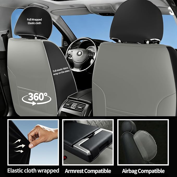 Car Seat Covers Compatible with GMC Terrain 2010-2025 2026 - Full Set 5 Seats Luxury Leather All-Weather Seat Cushions & Protectors, Waterproof & Breathable, Airbag Compatible (Grey) - Image 7