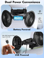 Car Fans for Backseat, 3600mAh Battery & USB Car Seat Fan with LED Display | 5V/2A,3 Speeds,360°Rotation, Dual Head Rechargeable Carseat Fan for Kids Baby Rear Facing Cooling Fan for Vehicle RV - Image 3