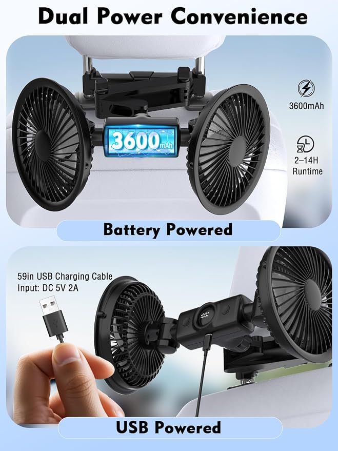 Car Fans for Backseat, 3600mAh Battery & USB Car Seat Fan with LED Display | 5V/2A,3 Speeds,360°Rotation, Dual Head Rechargeable Carseat Fan for Kids Baby Rear Facing Cooling Fan for Vehicle RV - Image 3
